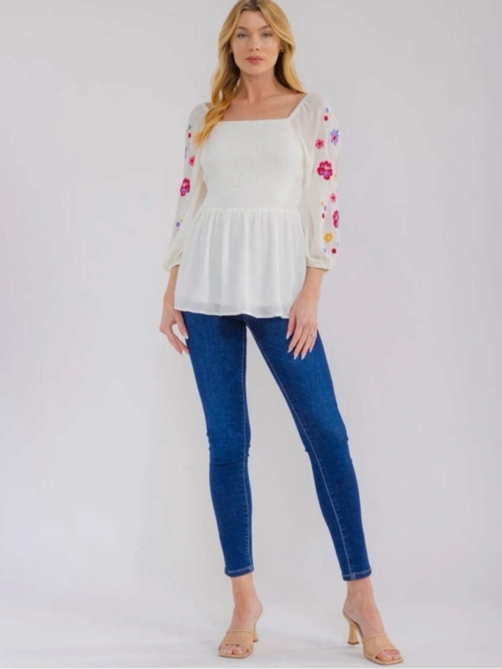 058 • Bohemian Floral Embroidered White Blouse | Smock Floral Embroidery Blouse - Picture 2 of 3